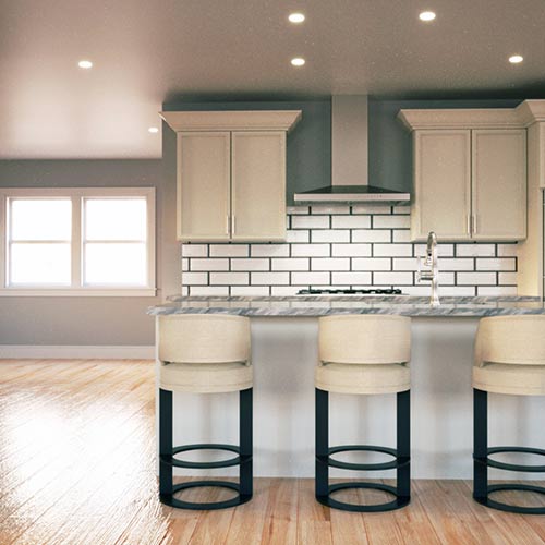 Interior rendering of a kitchen.